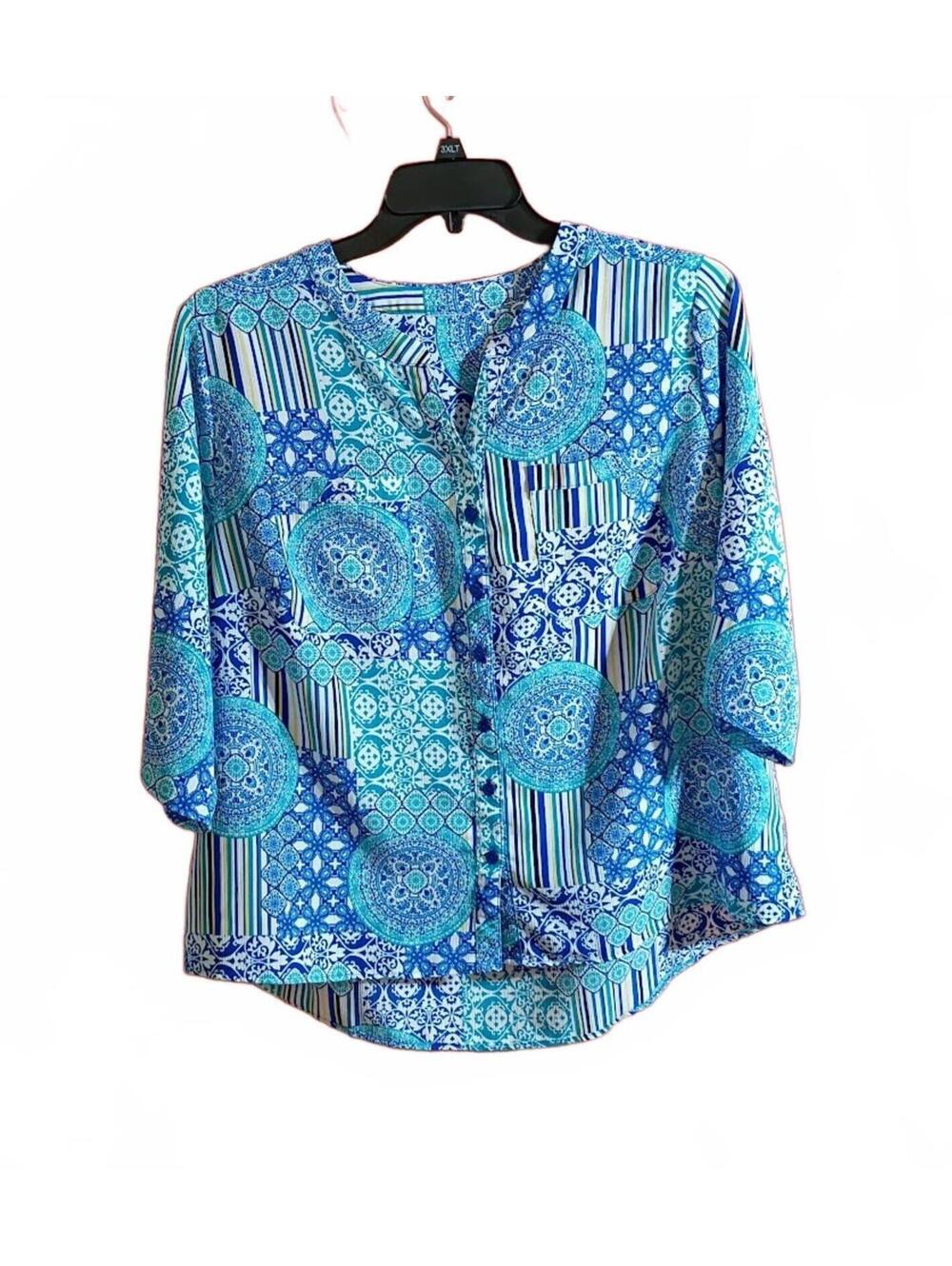 Blue Turquoise Paisley Print 3/4 Sleeve Blouse